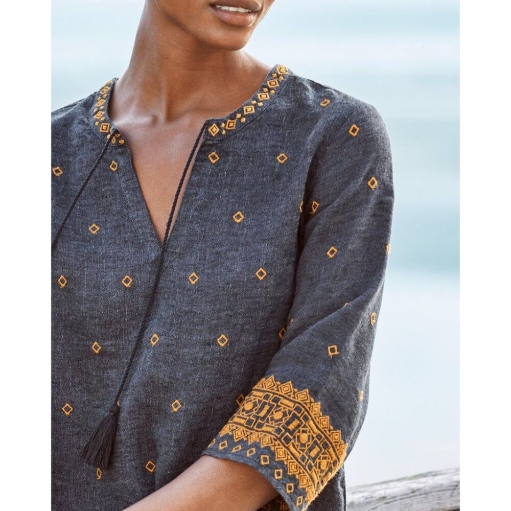 Garnet Hill Navy Gold Linen Women 16 Embroidered Tunic Dress Boho Sustainable